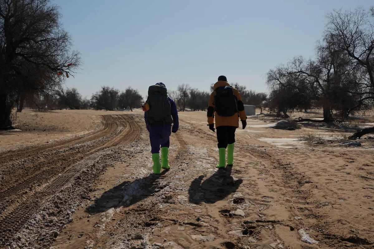 Two field team members walking along a desert track