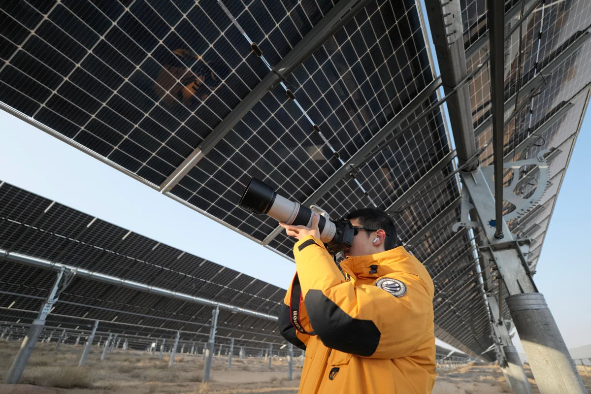 Guowei photographing beneath rows of solar panels